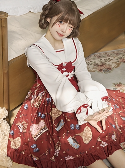 Bear Orchestra Series Retro British Style Piano Note Printing Bowknot Cute Elegant Sweet Lolita Long-Sleeved Dress