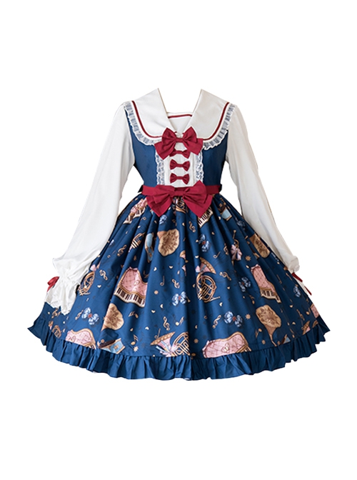 Bear Orchestra Series Retro British Style Piano Note Printing Bowknot Cute Elegant Sweet Lolita Long-Sleeved Dress