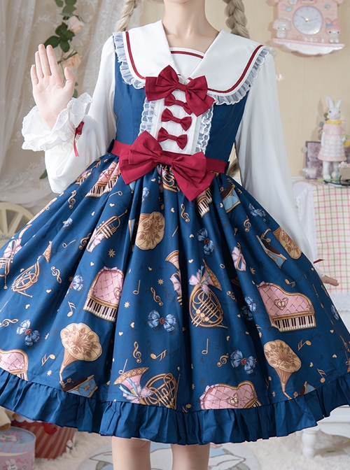 Bear Orchestra Series Retro British Style Piano Note Printing Bowknot Cute Elegant Sweet Lolita Long-Sleeved Dress