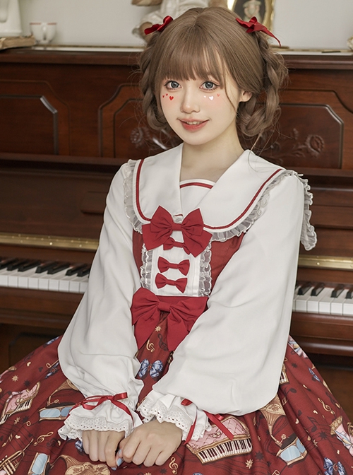 Bear Orchestra Series Retro British Style Piano Note Printing Bowknot Cute Elegant Sweet Lolita Long-Sleeved Dress