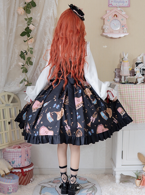 Bear Orchestra Series Retro British Style Piano Note Printing Bowknot Cute Elegant Sweet Lolita Long-Sleeved Dress