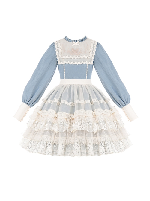 Mint Spring Butterfly Series Blue Elegant Butterfly Embroidery Lace Classic Lolita Long Sleeve Lolita Suit