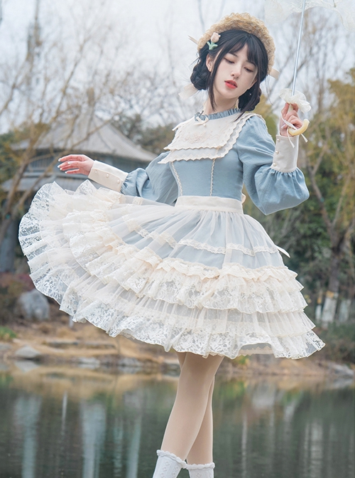 Mint Spring Butterfly Series Blue Elegant Butterfly Embroidery Lace Classic Lolita Long Sleeve Lolita Suit