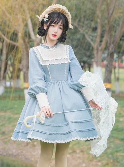 Mint Spring Butterfly Series Blue Elegant Butterfly Embroidery Lace Classic Lolita Long Sleeve Lolita Suit