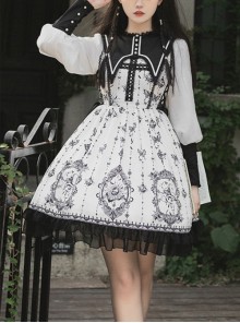 Personality Pointed Teeth Collar Design Leg Of Lamb Sleeve Butterfly Magic Print Black White Gothic Lolita Long-Sleeved Dress