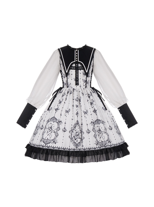 Personality Pointed Teeth Collar Design Leg Of Lamb Sleeve Butterfly Magic Print Black White Gothic Lolita Long-Sleeved Dress