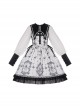 Personality Pointed Teeth Collar Design Leg Of Lamb Sleeve Butterfly Magic Print Black White Gothic Lolita Long-Sleeved Dress