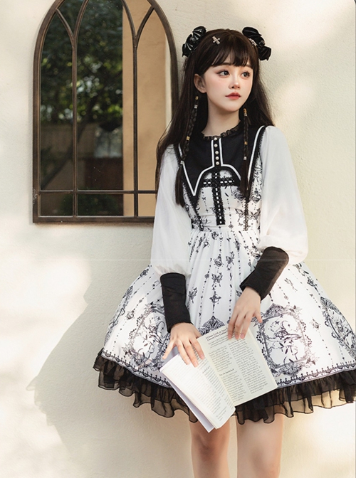 Personality Pointed Teeth Collar Design Leg Of Lamb Sleeve Butterfly Magic Print Black White Gothic Lolita Long-Sleeved Dress