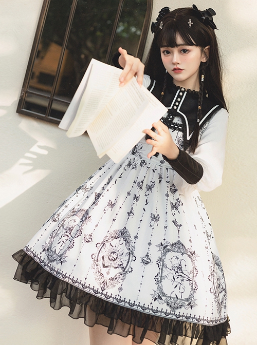 Personality Pointed Teeth Collar Design Leg Of Lamb Sleeve Butterfly Magic Print Black White Gothic Lolita Long-Sleeved Dress