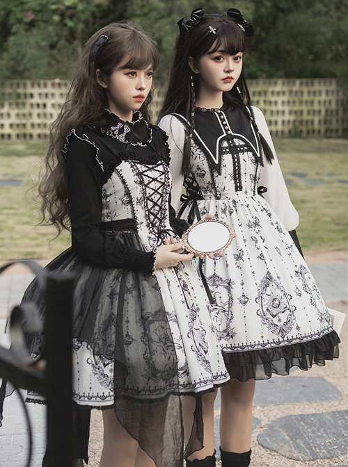 Personality Pointed Teeth Collar Design Leg Of Lamb Sleeve Butterfly Magic Print Black White Gothic Lolita Long-Sleeved Dress