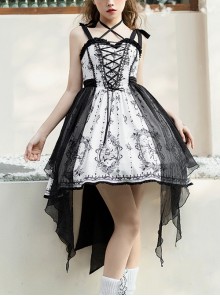 Adjustable Shoulder Strap V Type Lace Neckline Design Butterfly Magic Print Irregular Black Net Yarn Hem Gothic Lolita Sleeveless Dress