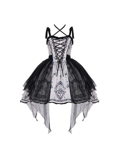 Adjustable Shoulder Strap V Type Lace Neckline Design Butterfly Magic Print Irregular Black Net Yarn Hem Gothic Lolita Sleeveless Dress