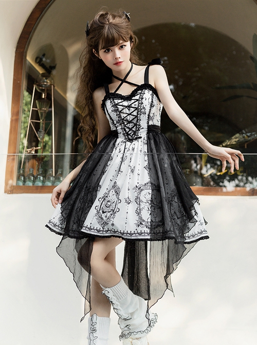 Adjustable Shoulder Strap V Type Lace Neckline Design Butterfly Magic Print Irregular Black Net Yarn Hem Gothic Lolita Sleeveless Dress