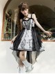 Adjustable Shoulder Strap V Type Lace Neckline Design Butterfly Magic Print Irregular Black Net Yarn Hem Gothic Lolita Sleeveless Dress