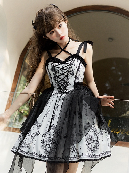 Adjustable Shoulder Strap V Type Lace Neckline Design Butterfly Magic Print Irregular Black Net Yarn Hem Gothic Lolita Sleeveless Dress