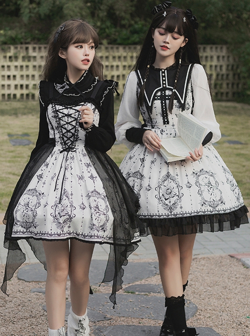 Adjustable Shoulder Strap V Type Lace Neckline Design Butterfly Magic Print Irregular Black Net Yarn Hem Gothic Lolita Sleeveless Dress