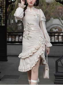 Chinese Style Improved Cheongsam Stand Collar Stitching Translucent Lace Camellia Flower Embroidery Classic Lolita Long-Sleeved Dress