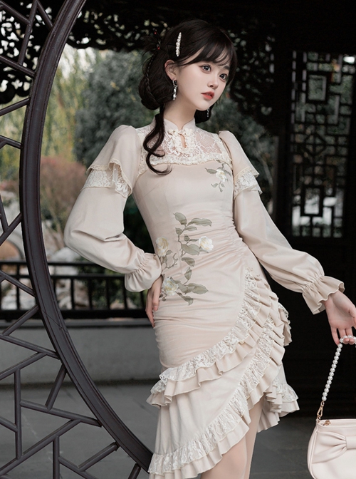 Chinese Style Improved Cheongsam Stand Collar Stitching Translucent Lace Camellia Flower Embroidery Classic Lolita Long-Sleeved Dress