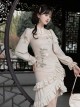 Chinese Style Improved Cheongsam Stand Collar Stitching Translucent Lace Camellia Flower Embroidery Classic Lolita Long-Sleeved Dress