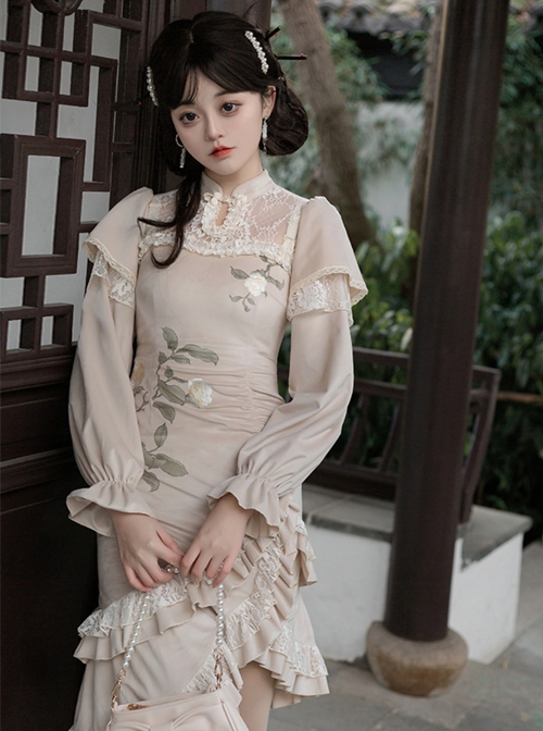 Chinese Style Improved Cheongsam Stand Collar Stitching Translucent Lace Camellia Flower Embroidery Classic Lolita Long-Sleeved Dress