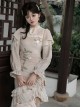 Chinese Style Improved Cheongsam Stand Collar Stitching Translucent Lace Camellia Flower Embroidery Classic Lolita Long-Sleeved Dress