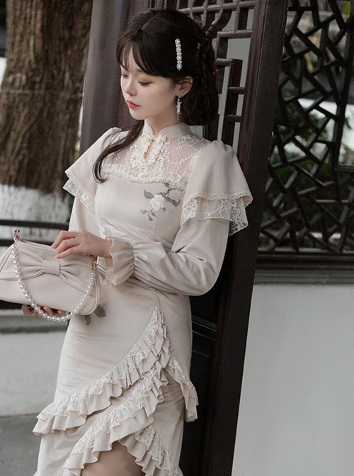 Chinese Style Improved Cheongsam Stand Collar Stitching Translucent Lace Camellia Flower Embroidery Classic Lolita Long-Sleeved Dress