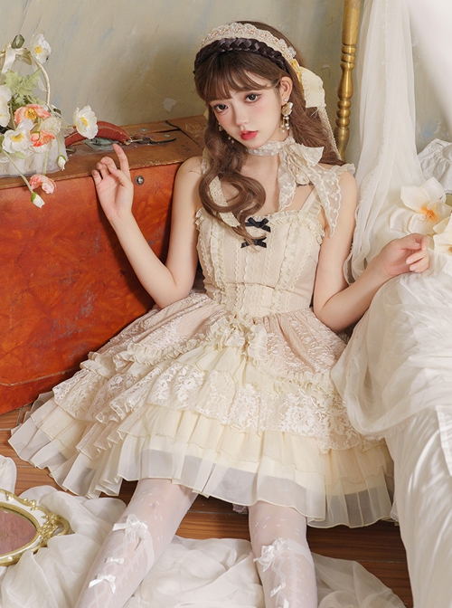 Music Box Series Elegant Pure Color Ballet Style Irregular Lace Cake Dress Classic Lolita Sleeveless Dress