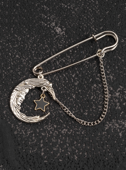 Silver Moon Star Decorated Alloy Chain Pin Gothic Lolita Brooch