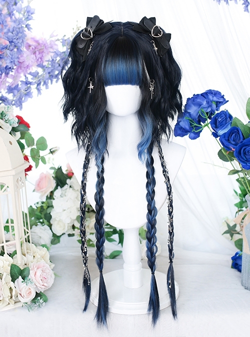 Black Blue Gradient Air Bangs Jellyfish Head Short Curly Long Straight Hair Punk Lolita Wig