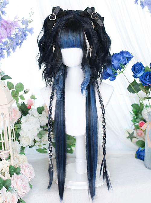 Black Blue Gradient Air Bangs Jellyfish Head Short Curly Long Straight Hair Punk Lolita Wig