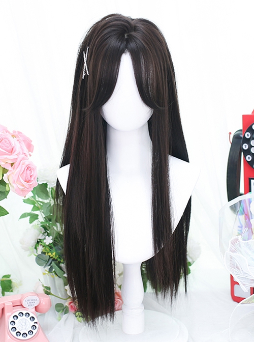 Black Natural Middle Score Bangs Long Straight Hair Classic Lolita Wig