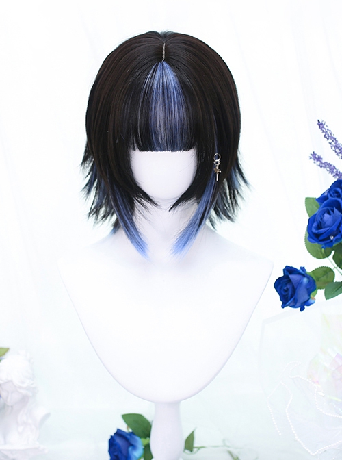 Natural Outside Warped JK Black Blue Mixed Color Short Straight Hair Classic Lolita Wig