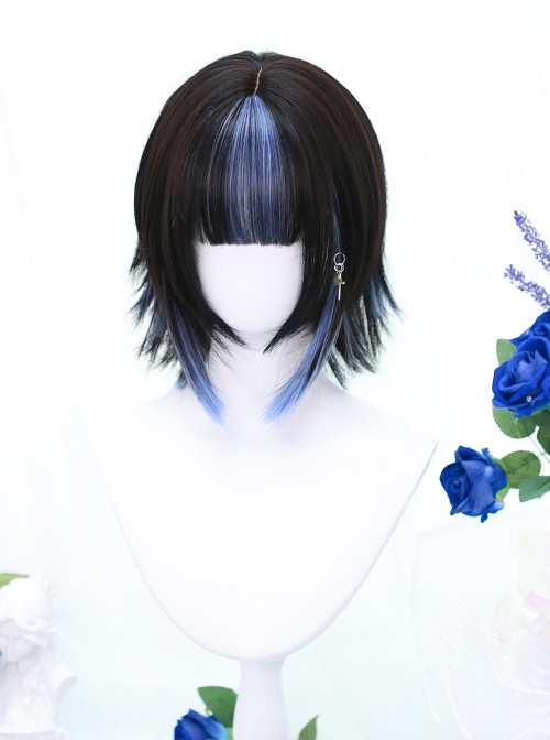 Natural Outside Warped JK Black Blue Mixed Color Short Straight Hair Classic Lolita Wig