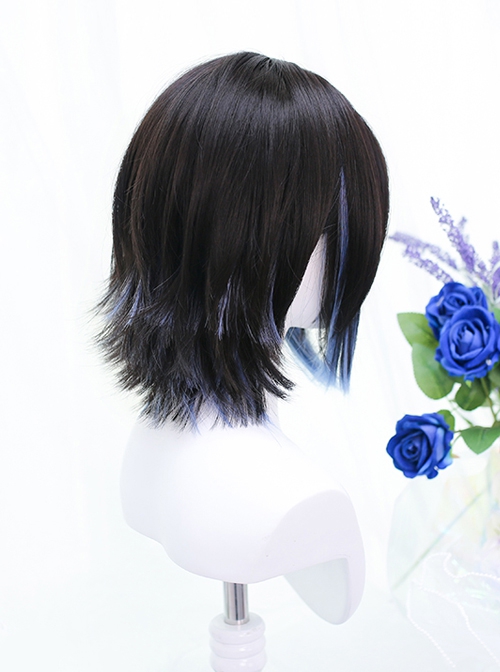 Natural Outside Warped JK Black Blue Mixed Color Short Straight Hair Classic Lolita Wig