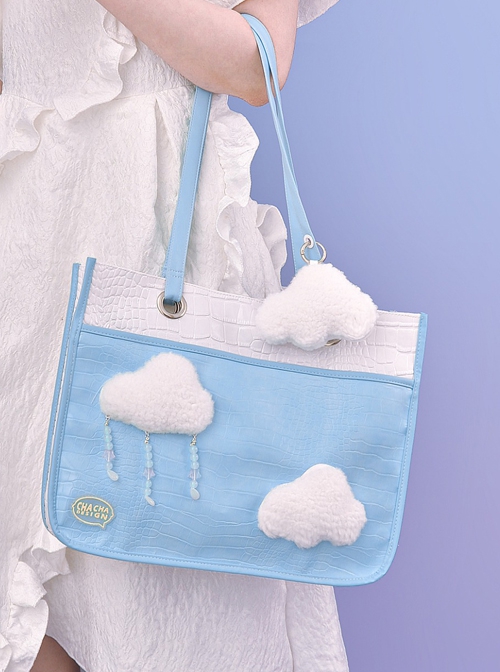 Blue PU Leather White Plush Cloud Commuter Casual All-Match Large-Capacity Classic Lolita Portable Shoulder Bag