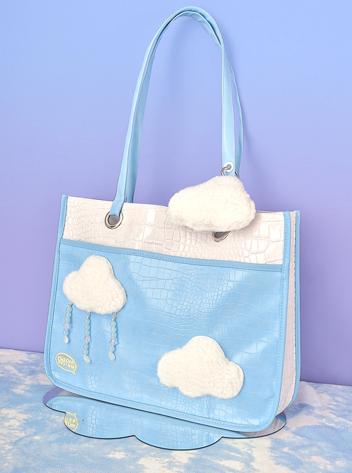 Blue PU Leather White Plush Cloud Commuter Casual All-Match Large-Capacity Classic Lolita Portable Shoulder Bag