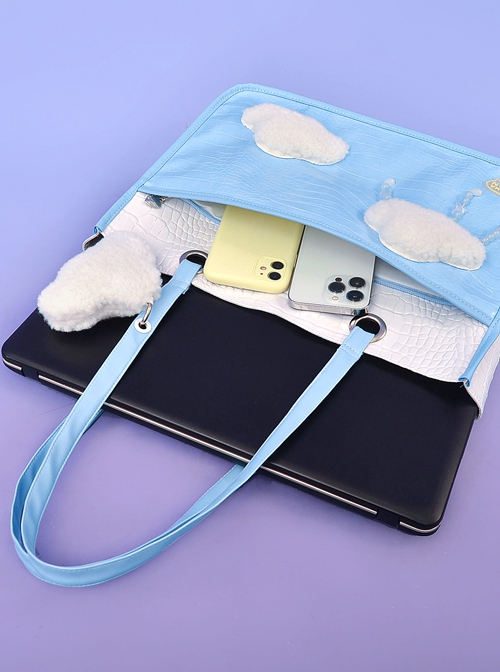 Blue PU Leather White Plush Cloud Commuter Casual All-Match Large-Capacity Classic Lolita Portable Shoulder Bag