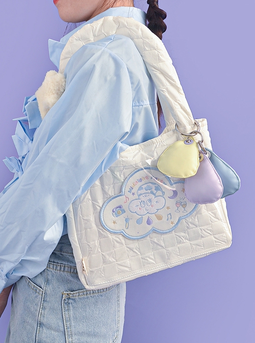 Summer White Clouds Embroidery Plush Star Decoration Cute Canvas Bag Sweet Lolita Portable Bag