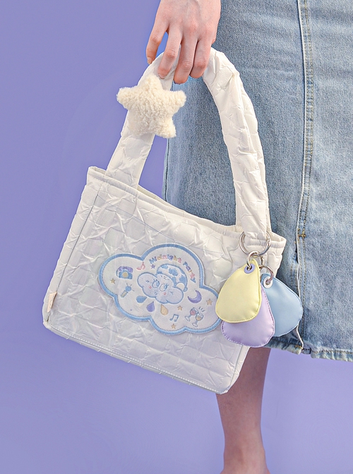 Summer White Clouds Embroidery Plush Star Decoration Cute Canvas Bag Sweet Lolita Portable Bag