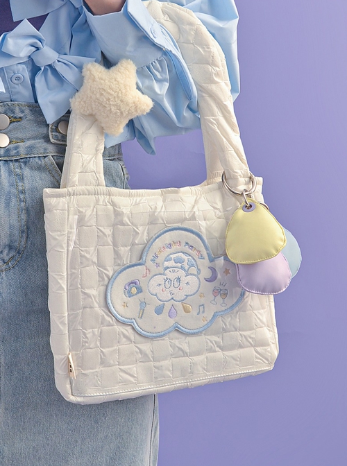 Summer White Clouds Embroidery Plush Star Decoration Cute Canvas Bag Sweet Lolita Portable Bag