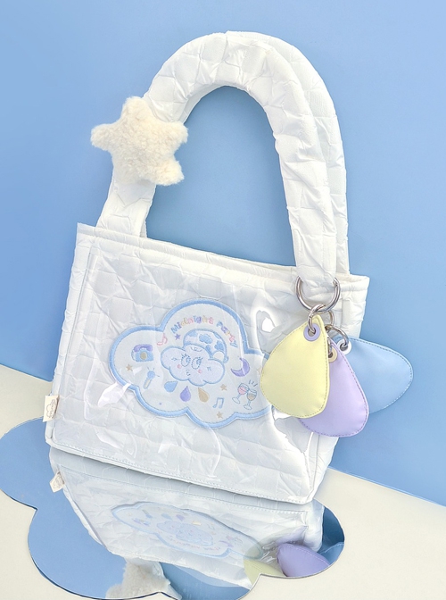 Summer White Clouds Embroidery Plush Star Decoration Cute Canvas Bag Sweet Lolita Portable Bag