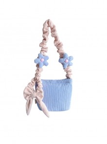 Autumn-Winter Contrast Color Corduroy Detachable Blue Flower Bowknot Decoration Sweet Lolita Portable Shoulder Bag