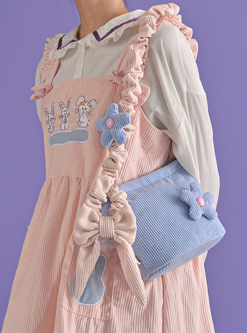 Autumn-Winter Contrast Color Corduroy Detachable Blue Flower Bowknot Decoration Sweet Lolita Portable Shoulder Bag