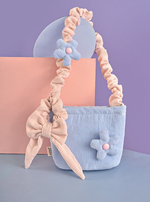 Autumn-Winter Contrast Color Corduroy Detachable Blue Flower Bowknot Decoration Sweet Lolita Portable Shoulder Bag