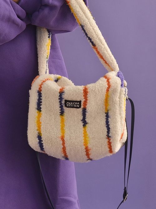 Autumn-Winter Stripe Plush Stereoscopic Small Square Bag Classic Lolita Portable Shoulder Bag