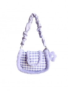 Purple Plaid Plush Flower Decoration Autumn Winter Girly Sweet Lolita Portable Shoulder Bag
