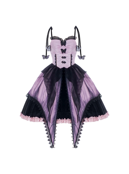 Gothic Style Stereoscopic Butterfly Embroidery Chiffon Tie-Dye Printing Lace Butterfly Decoration Irregular Hem Gothic Lolita Sleeveless Dress