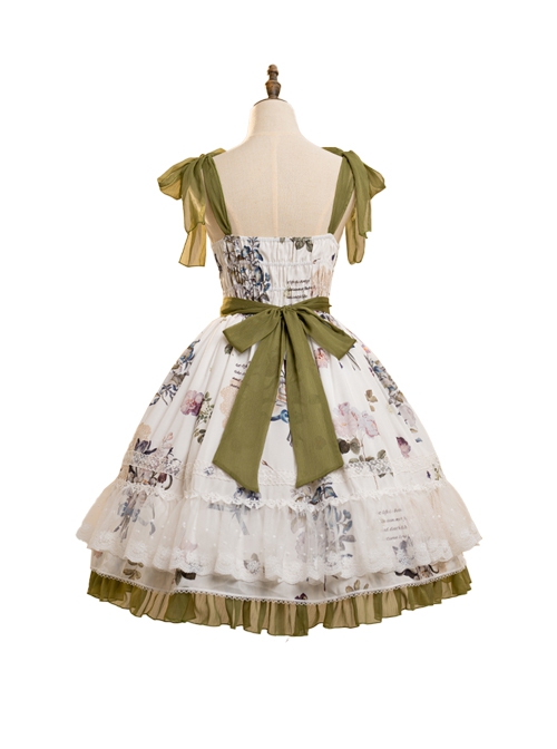 Spring Rhyme Series Elegant Flower Print Spring Summer Backless Lace Hem Classic Lolita Sleeveless Dress