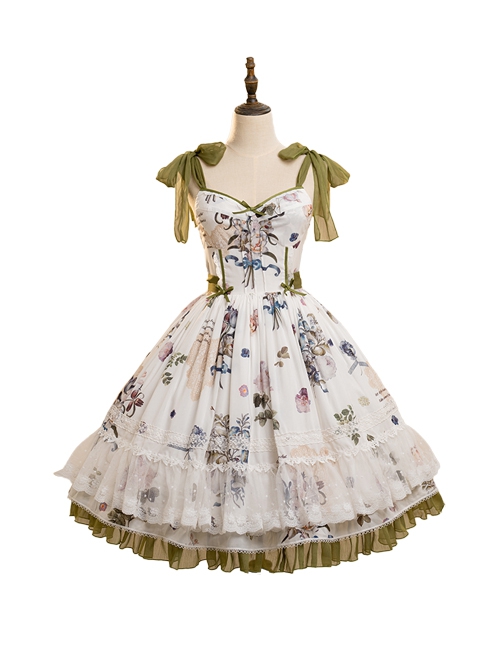 Spring Rhyme Series Elegant Flower Print Spring Summer Backless Lace Hem Classic Lolita Sleeveless Dress