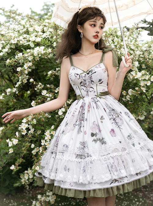 Spring Rhyme Series Elegant Flower Print Spring Summer Backless Lace Hem Classic Lolita Sleeveless Dress